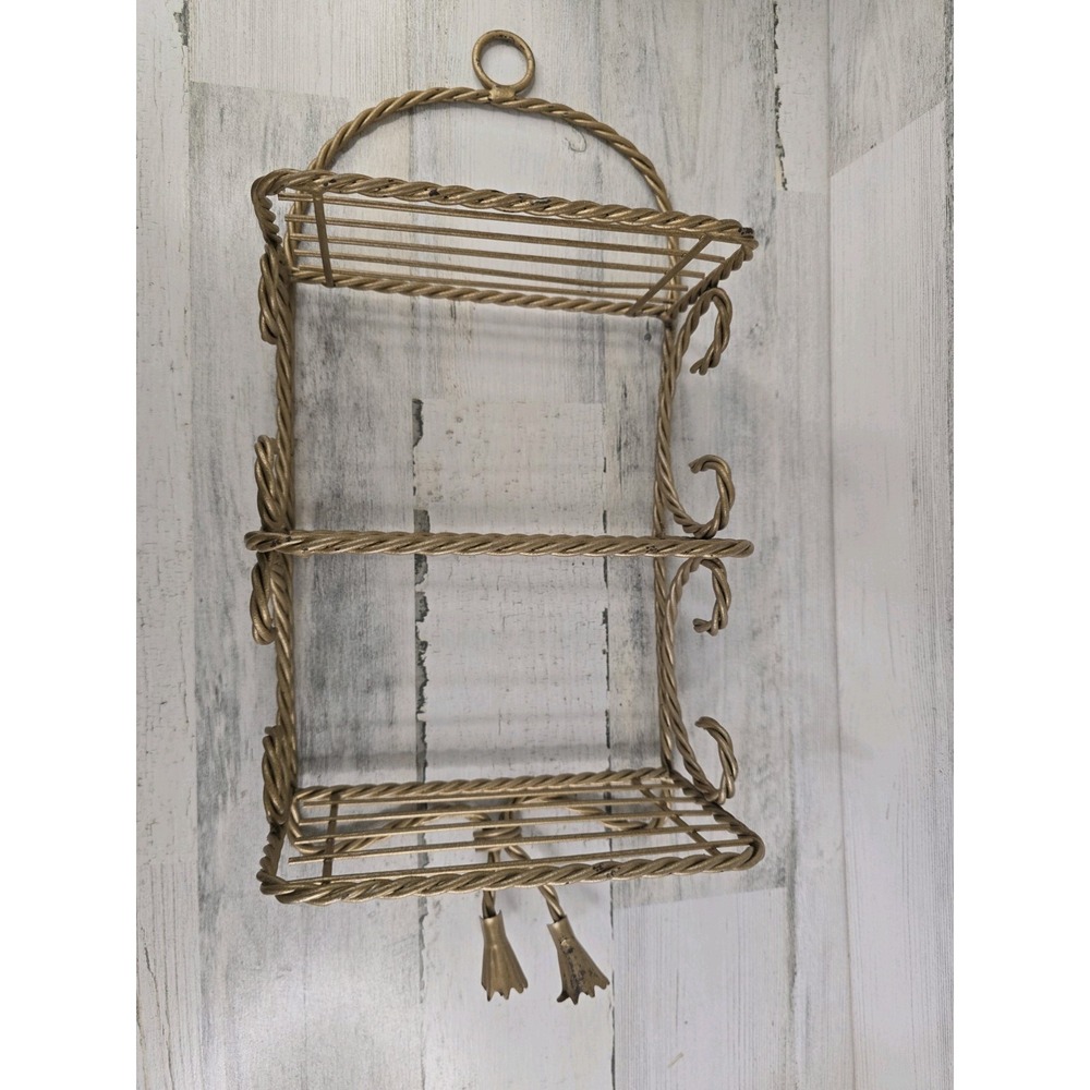 Vintage 70's Gold Twisted Metal Wire Wall Rack 3 Tier Shelf with Hooks & Tassels
